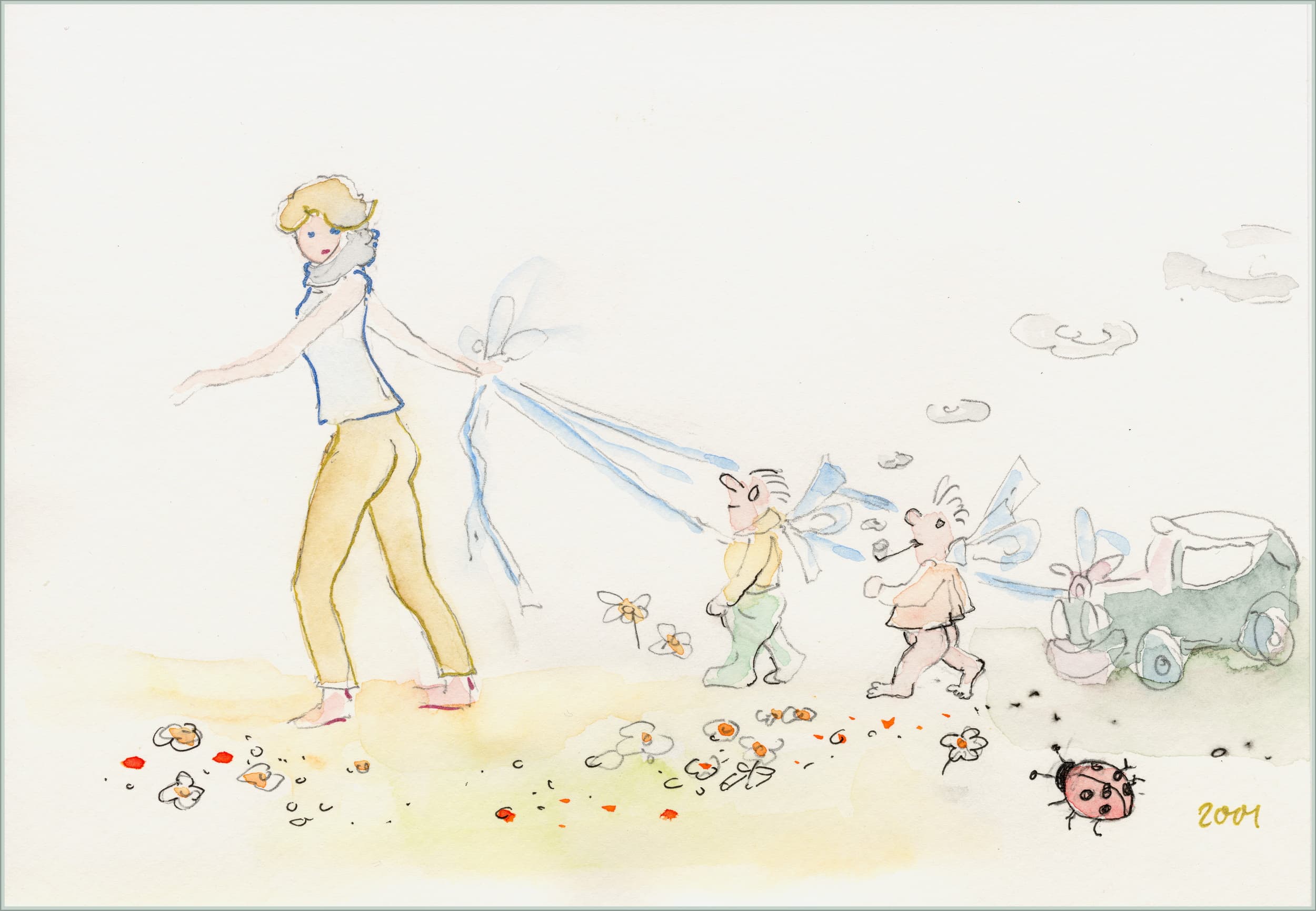 Gunter Langer, Karikatur Frauen, Schwärmer, Geschlechterrolle, 2001, Gouache Wasserfarbe Bleistift, Karton, 21 x 30 cm
